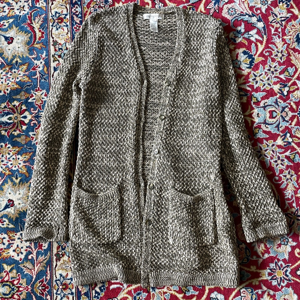 Women’s like new Jones of New York cotton sweater, long  cardigan, green and tan